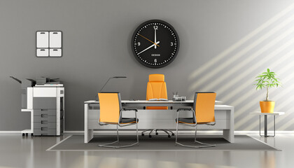 Modern gray and orange office with desk,chair, and photocopier - 3d rendering