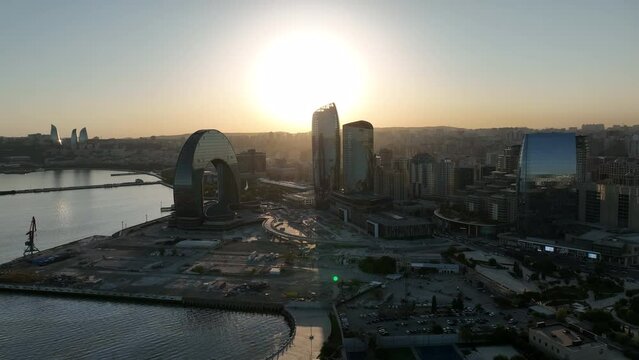 Baku, Azerbaijan. Modern view of the capital Baku in the evening. Drone footage