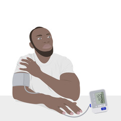 Hypertension. A black man in a man measures blood pressure, a tolerable problem, using a blood pressure cuff. Health and medicine concept