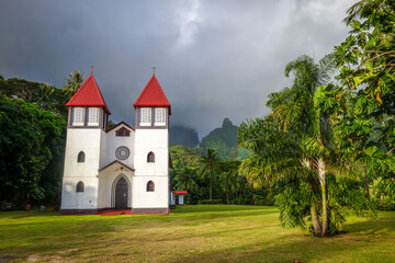 Fototapeta na wymiar Haapiti church in Moorea island jungle, landscape. French Polynesia