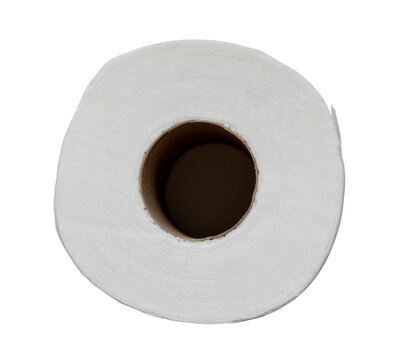 Top view of single tissue paper roll for use in toilet or restroom with hollow in the middle isolated on white background with clipping path.