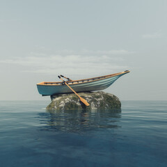 A boat on top of a rock in the middle of the ocean. This is a 3d render illustration