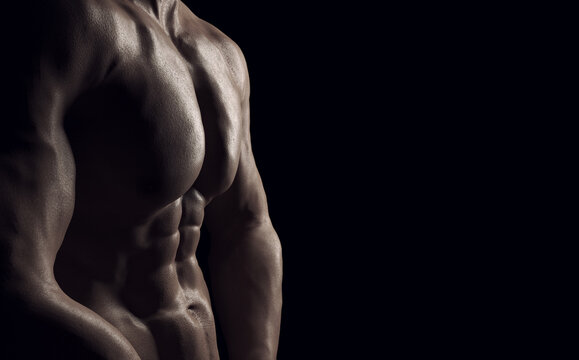 Close up to a sporty and healthy muscular man isolated on black background. This is a 3d render illustration