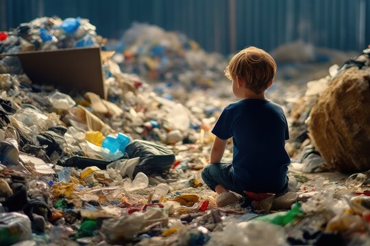 After the sad boy sat and watched the huge amount of plastic waste, the day the world is warming, the environment, the quality of life is deteriorating.