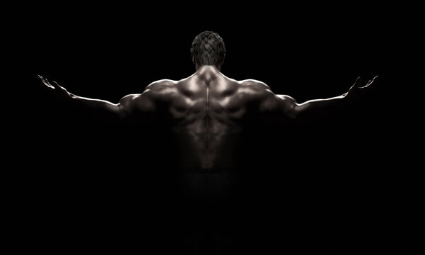 Bodybuilder in a challenging position on a black background. Fitness muscled man. This is a 3d render illustration