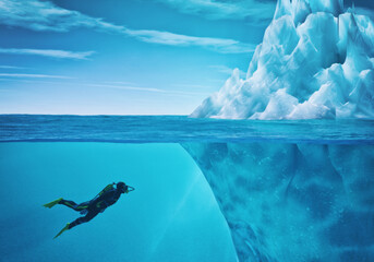 Fototapeta na wymiar Diver swimming near an iceberg. This is a 3d render illustration.
