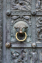 Ancient metal door of Bremen Cathedral, Germany.