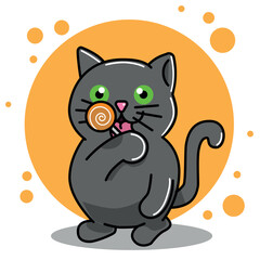 Cartoon of black cat standing on two legs eating a lollypop