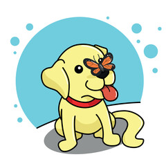 Cartoon of seated dog with butterfly on nose