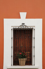 Fototapeta na wymiar Orange building with wooden window and potted plant on windowsill outdoors