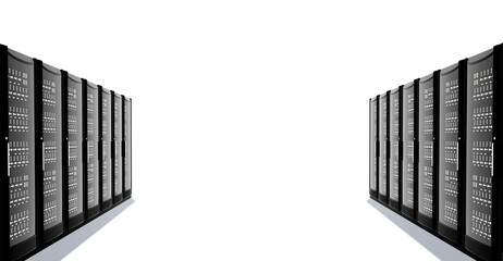 A number of server racks facing each other. White background. 3D rendering