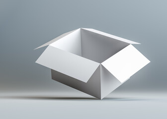 White open blank cardboard box. The box is on the corner. Dark background with shadow. 3d illustration