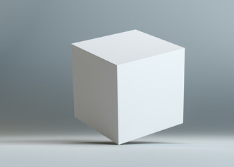 A white empty cube stands on the corner. Dark blue background. 3D illustration