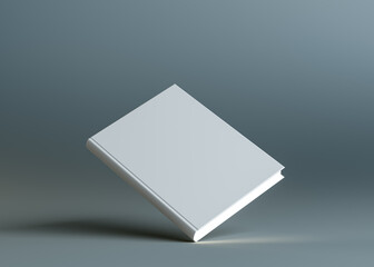 A closed white empty book stands on the corner. The pages are glowing. The concept of learning or advertising of the publication. Dark background. 3d illustration