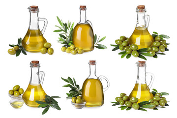 Collage with bottles of cooking oil and olives isolated on white