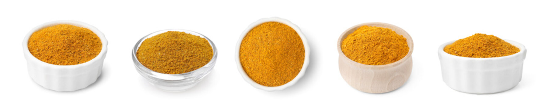 Collage with curry powder in bowls isolated on white