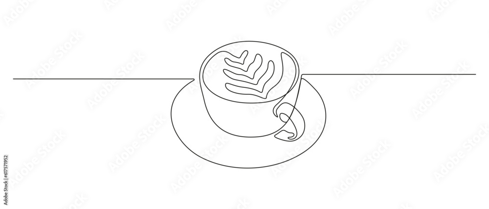 Fototapete One continuous line drawing of cup coffee with latte art. Minimalist modern concept of breakfast for cafe menu and web banner in simple linear style. Editable stroke. Doodle Vector illustration