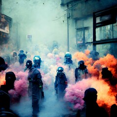 neonpunk riot billowing smoke canisters humans in gas masks conflict 