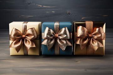 Elegant holiday gifts, beautifully wrapped and embellished with luxurious ribbons and bows. Designed to leave ample space for copy, making it an ideal image for personalized messages and greetings. 