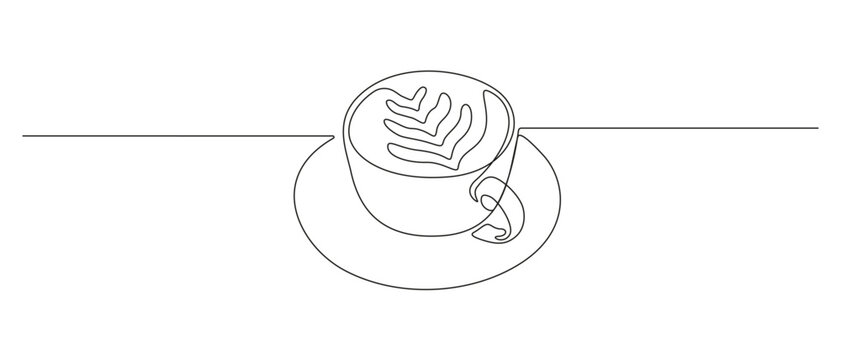 One continuous line drawing of cup coffee with latte art. Minimalist modern concept of breakfast for cafe menu and web banner in simple linear style. Editable stroke. Doodle Vector illustration