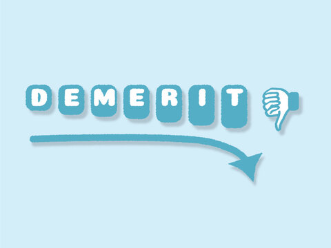 DEMEREITの文字、矢印、サムズダウンのマーク