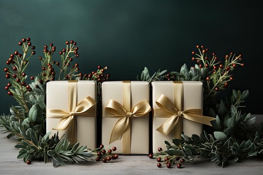 Elegant holiday gifts, beautifully wrapped and embellished with luxurious ribbons and bows. Designed to leave ample space for copy, making it an ideal image for personalized messages and greetings. 