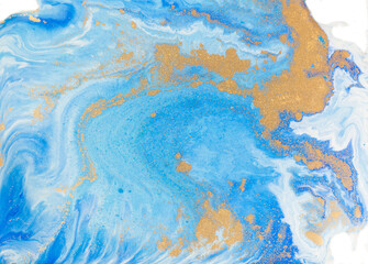 Fototapeta na wymiar Blue and golden liquid texture. Watercolor hand drawn marbling illustration. Ink marble background