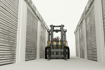 3d illustration of a forklift among self storage units