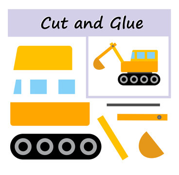 Educational paper game. Cut parts of the image and glue on the paper. DIY worksheet. Vector illustration of cartoon excavator.