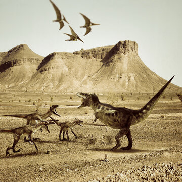 T-rex versus raptors fighting in the desert