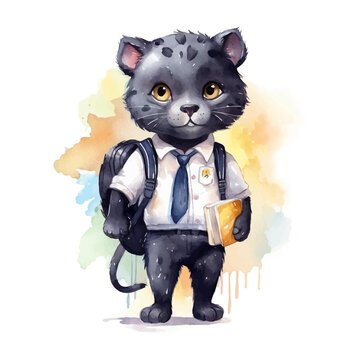Cute black panther student cartoon in watercolor painting style