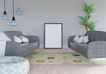 3D render of a blank picture leaning against a wall in a room interior