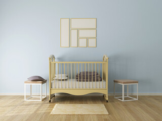 3d render of baby room with frames and carpet