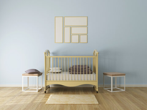 3d render of baby room with frames and carpet