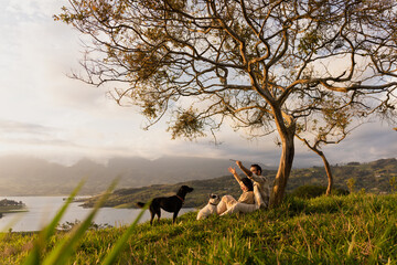 latin couple playing with their pets at the sunset by a tree