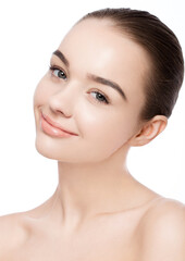 Beautiful woman with cute smile natural makeup spa skin care portrait on white background