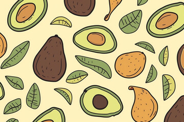 avocado and leaves pattern, in the style of anime aesthetic, clean and simple designs. Generative ai