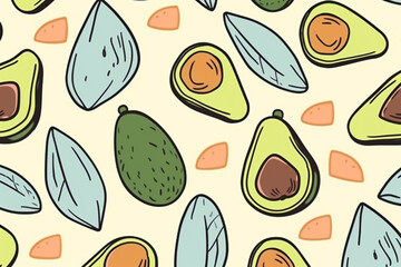 avocado and leaves pattern, in the style of anime aesthetic, clean and simple designs. Generative ai