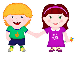 Boy and girl standing together, holding hands