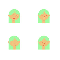 Woman's face with different emotions in flat style. Happy, sad, angry, smiling and amazed. set Illustration isolated on white background Vector. Facial expressions