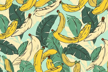 Banana and leaves pattern, in the style of anime aesthetic, clean and simple designs. Generative ai