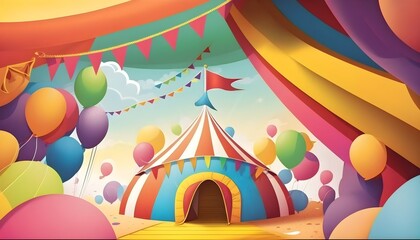 bell in colourful party tent banners and balloons childrens storybook style  - obrazy, fototapety, plakaty