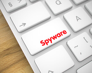 Business Concept: Spyware on the Computer Keyboard Background. White Keyboard Keypad Showing the Message Spyware. Message on Keyboard White Key. 3D Illustration.