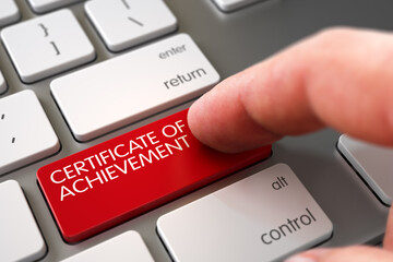 Certificate Of Achievement Concept - Modernized Keyboard with Red Keypad. 3D. - obrazy, fototapety, plakaty