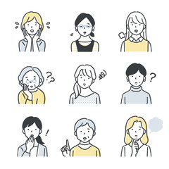 様々な年代の女性のアイコンセット／ネガティブ