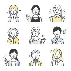 様々な年代の女性のアイコンセット／ポジティブ