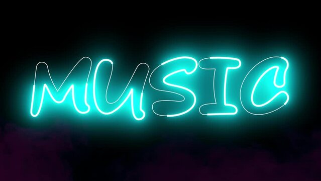 4K Ultra Hd Video. Music text electric blue lighting text with animation on black background, 3D Animation. Music Word Text. 