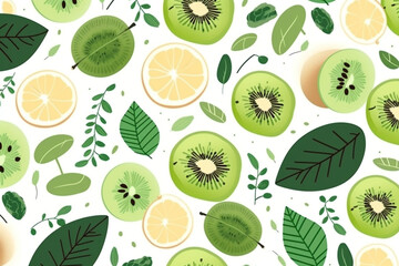 Fototapeta na wymiar kiwifruit and leaves pattern, in the style of anime aesthetic, clean and simple designs. Generative ai