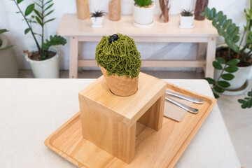 Montblanc Matcha green tea icecream in waffle cone.Matcha soft serve in famous Korean or japan,japanese dessert.