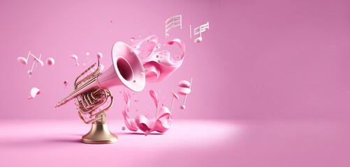 Copper wind pipe, a musical instrument from which melody notes fly, copy space on a pink background